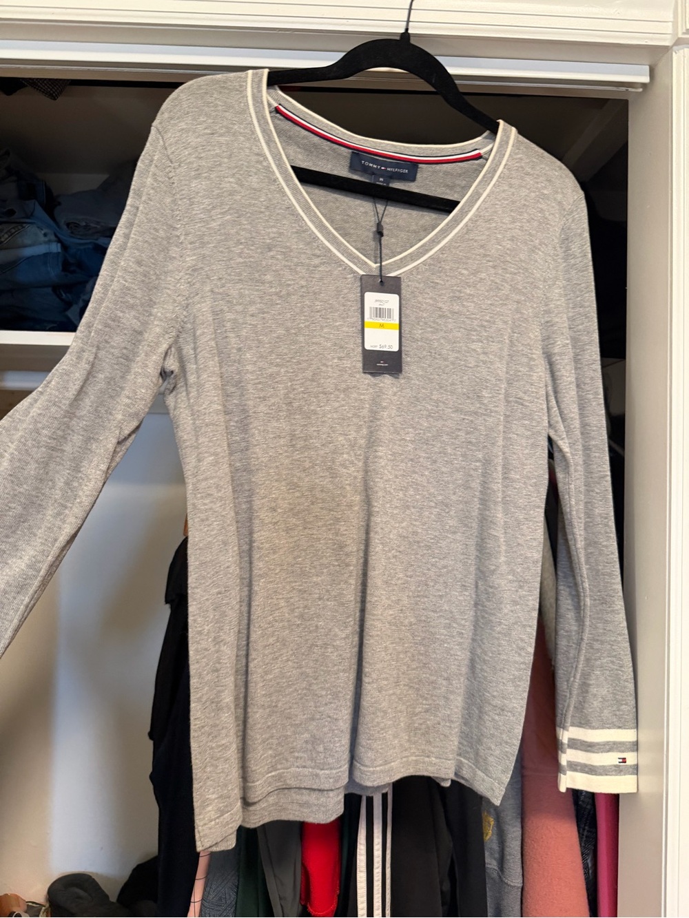 Tommy Hilfiger Heather Gray V-Neck Sweater with Stripe Trim
